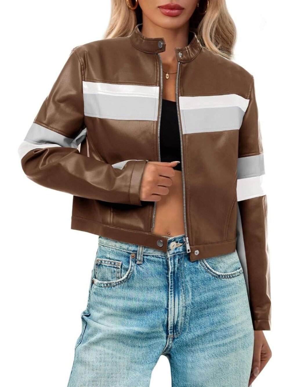 〽️Women's Cropped Faux Leather Motorcycle Jacket Color Block Bomber Coat Zip Up